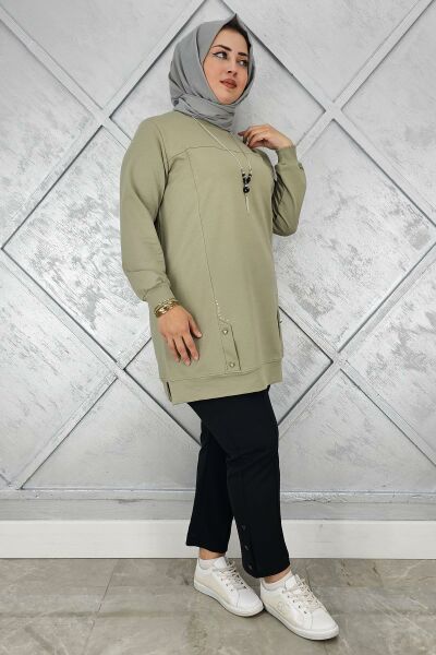 KADIN KOLYE DETAYLI TAŞLI TESETTÜR TUNİK MİNT YEŞİLİ - XL