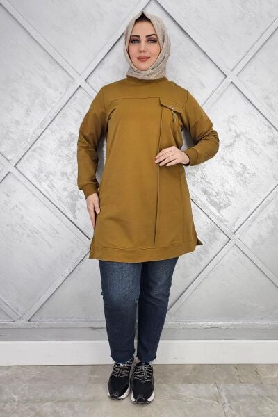 KADIN CEBİ TAŞ VE PÜSKÜL AKSESUAR DETAYLI TESETTÜR TUNİK YAĞ YEŞİLİ - 3XL