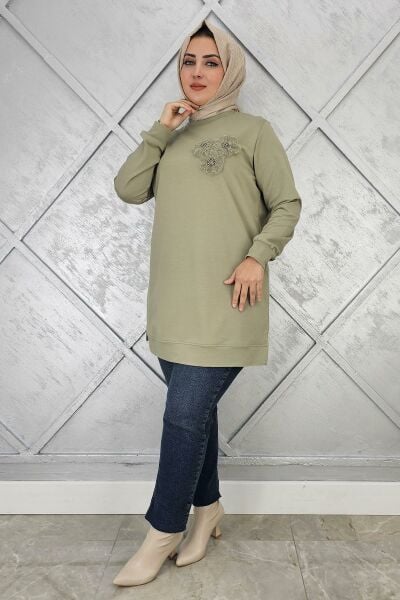 KADIN DİKME ÇİÇEK DETAYLI TESETTÜR TUNİK MİNT YEŞİLİ - 2XL