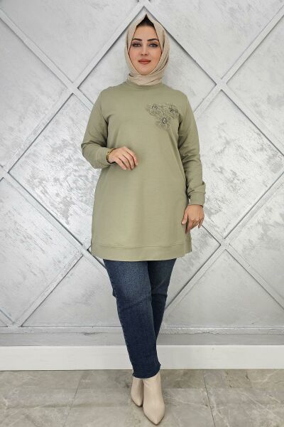 KADIN DİKME ÇİÇEK DETAYLI TESETTÜR TUNİK MİNT YEŞİLİ - 2XL