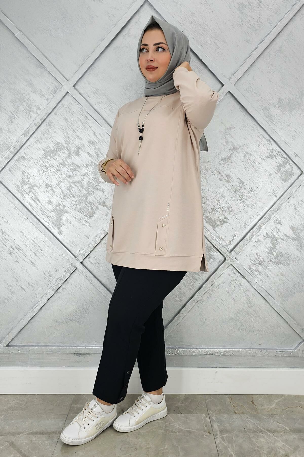 KADIN KOLYE DETAYLI TAŞLI TESETTÜR TUNİK BEJ - 3XL