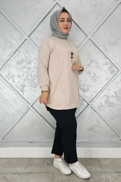 KADIN KOLYE DETAYLI TAŞLI TESETTÜR TUNİK BEJ - 3XL