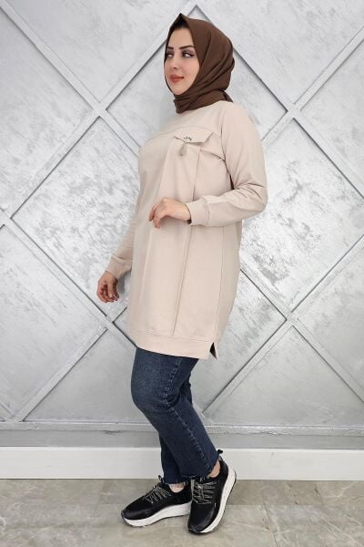 KADIN CEBİ TAŞ VE PÜSKÜL AKSESUAR DETAYLI TESETTÜR TUNİK BEJ - 3XL