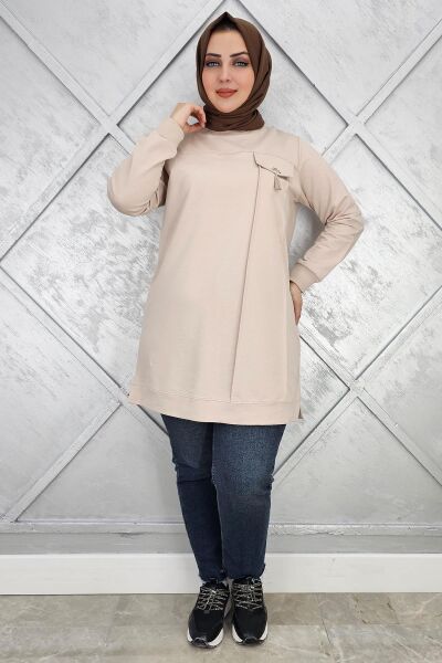 KADIN CEBİ TAŞ VE PÜSKÜL AKSESUAR DETAYLI TESETTÜR TUNİK BEJ - 3XL