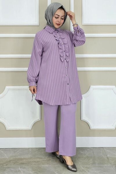 KADIN ÇİGİLİ FIRFIRLI GÖMLEK PANTOLON TESETTÜR TAKIM LİLA - 3 BEDEN