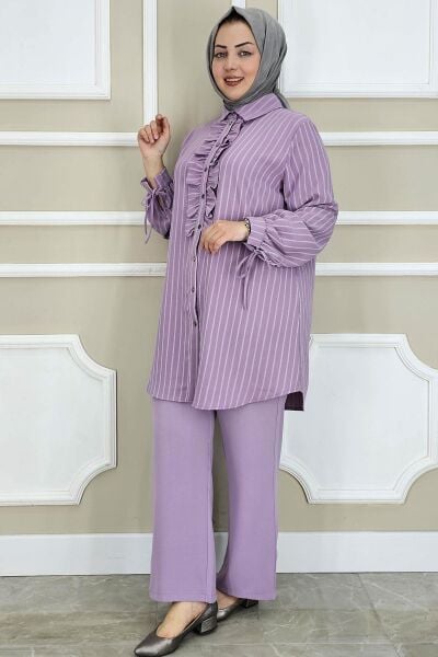 KADIN ÇİGİLİ FIRFIRLI GÖMLEK PANTOLON TESETTÜR TAKIM LİLA - 3 BEDEN