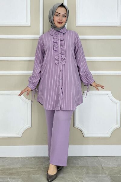 KADIN ÇİGİLİ FIRFIRLI GÖMLEK PANTOLON TESETTÜR TAKIM LİLA - 3 BEDEN