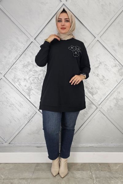 KADIN DİKME ÇİÇEK DETAYLI TESETTÜR TUNİK SİYAH - 3XL