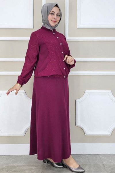 PYS KADIN YAY DESENLİ TESETTÜR TAKIM BORDO - 4 BEDEN