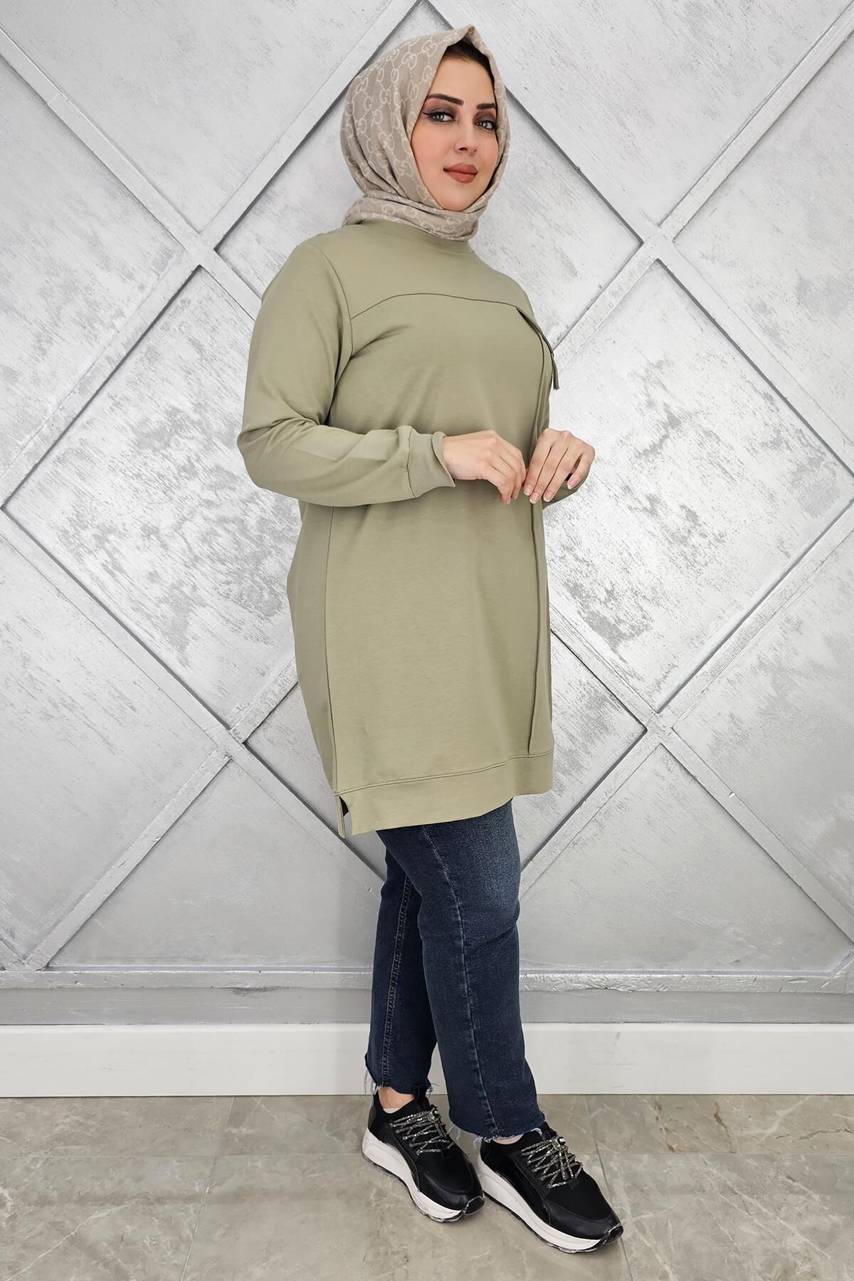 KADIN CEBİ TAŞ VE PÜSKÜL AKSESUAR DETAYLI TESETTÜR TUNİK MİNT YEŞİLİ - 3XL
