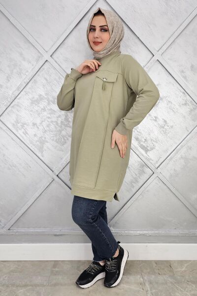 KADIN CEBİ TAŞ VE PÜSKÜL AKSESUAR DETAYLI TESETTÜR TUNİK MİNT YEŞİLİ - 3XL