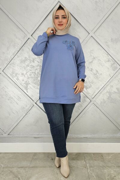 KADIN DİKME ÇİÇEK DETAYLI TESETTÜR TUNİK MAVİ - L