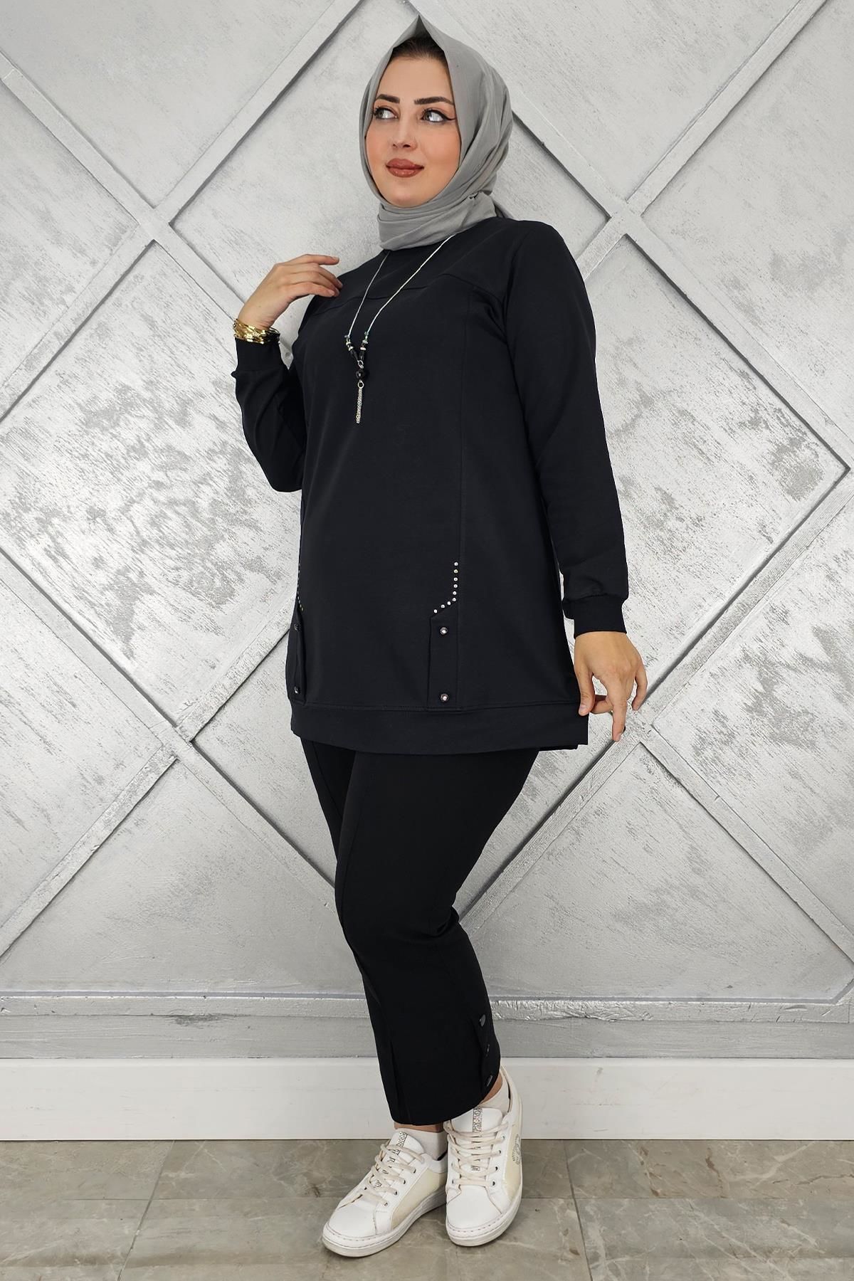 KADIN KOLYE DETAYLI TAŞLI TESETTÜR TUNİK SİYAH - L