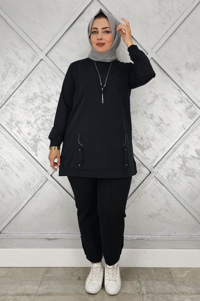 KADIN KOLYE DETAYLI TAŞLI TESETTÜR TUNİK SİYAH - L
