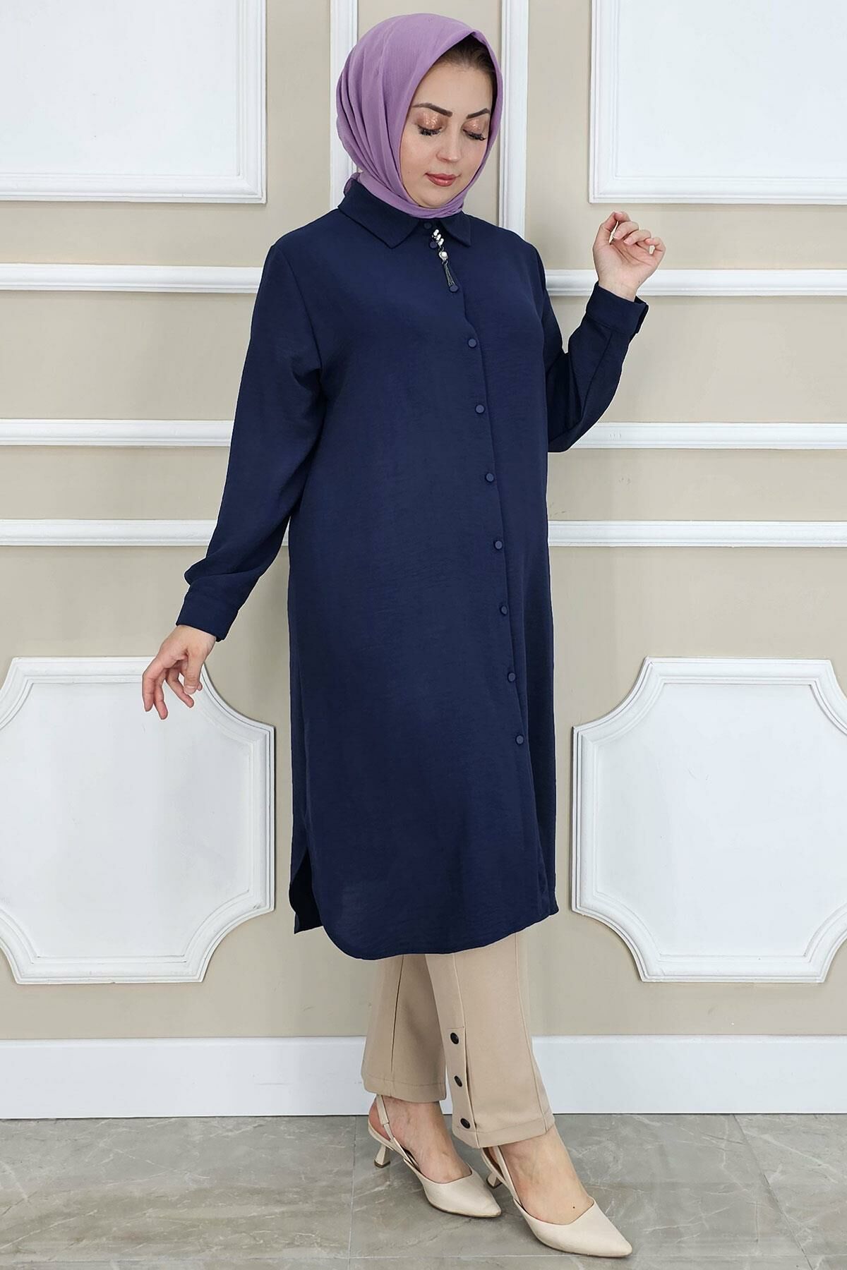 PYS KADIN BROŞLU TESETTÜR GÖMLEK LACİVERT - 2 BEDEN