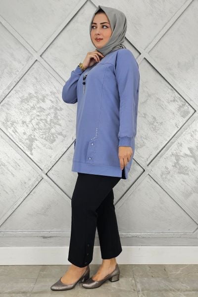 KADIN KOLYE DETAYLI TAŞLI TESETTÜR TUNİK MAVİ - 2XL