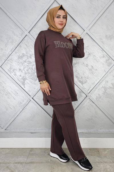 KADIN TAŞ BASKI DETAYLI TESETTÜR TAKIM KAHVERENGİ - 2XL