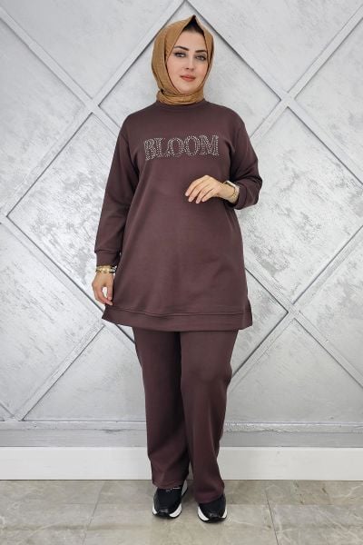 KADIN TAŞ BASKI DETAYLI TESETTÜR TAKIM KAHVERENGİ - 2XL