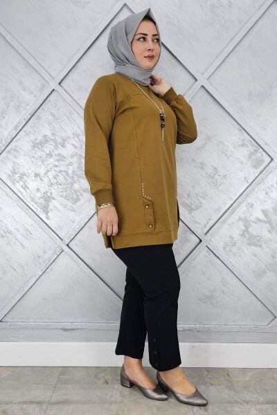 KADIN KOLYE DETAYLI TAŞLI TESETTÜR TUNİK YAĞ YEŞİLİ - L