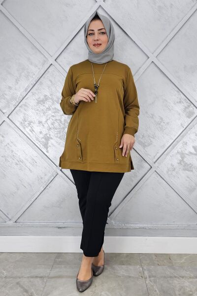 KADIN KOLYE DETAYLI TAŞLI TESETTÜR TUNİK YAĞ YEŞİLİ - L