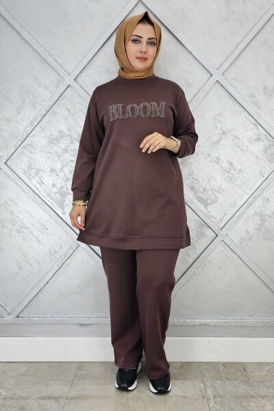 KADIN TAŞ BASKI DETAYLI TESETTÜR TAKIM KAHVERENGİ - XL