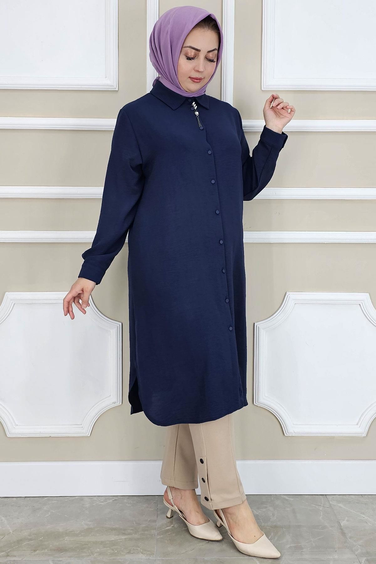 PYS KADIN BROŞLU TESETTÜR GÖMLEK LACİVERT - 3 BEDEN