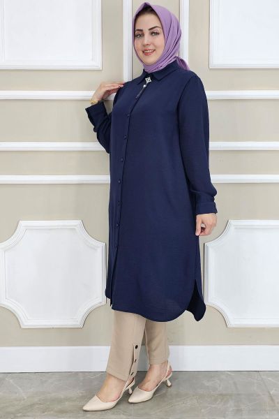 PYS KADIN BROŞLU TESETTÜR GÖMLEK LACİVERT - 3 BEDEN