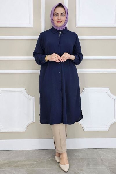 PYS KADIN BROŞLU TESETTÜR GÖMLEK LACİVERT - 3 BEDEN