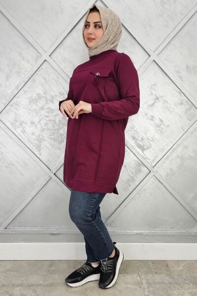 KADIN CEBİ TAŞ VE PÜSKÜL AKSESUAR DETAYLI TESETTÜR TUNİK BORDO - 3XL