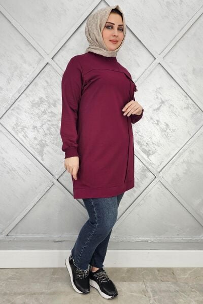 KADIN CEBİ TAŞ VE PÜSKÜL AKSESUAR DETAYLI TESETTÜR TUNİK BORDO - 3XL
