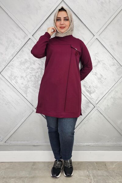 KADIN CEBİ TAŞ VE PÜSKÜL AKSESUAR DETAYLI TESETTÜR TUNİK BORDO - 3XL