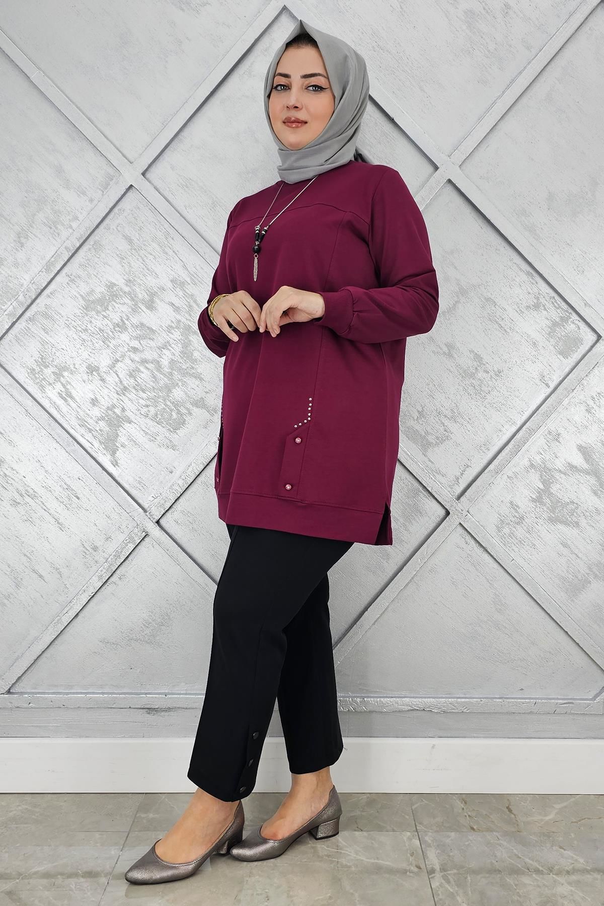 KADIN KOLYE DETAYLI TAŞLI TESETTÜR TUNİK BORDO - 3XL