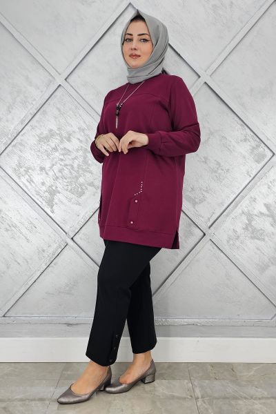 KADIN KOLYE DETAYLI TAŞLI TESETTÜR TUNİK BORDO - 3XL