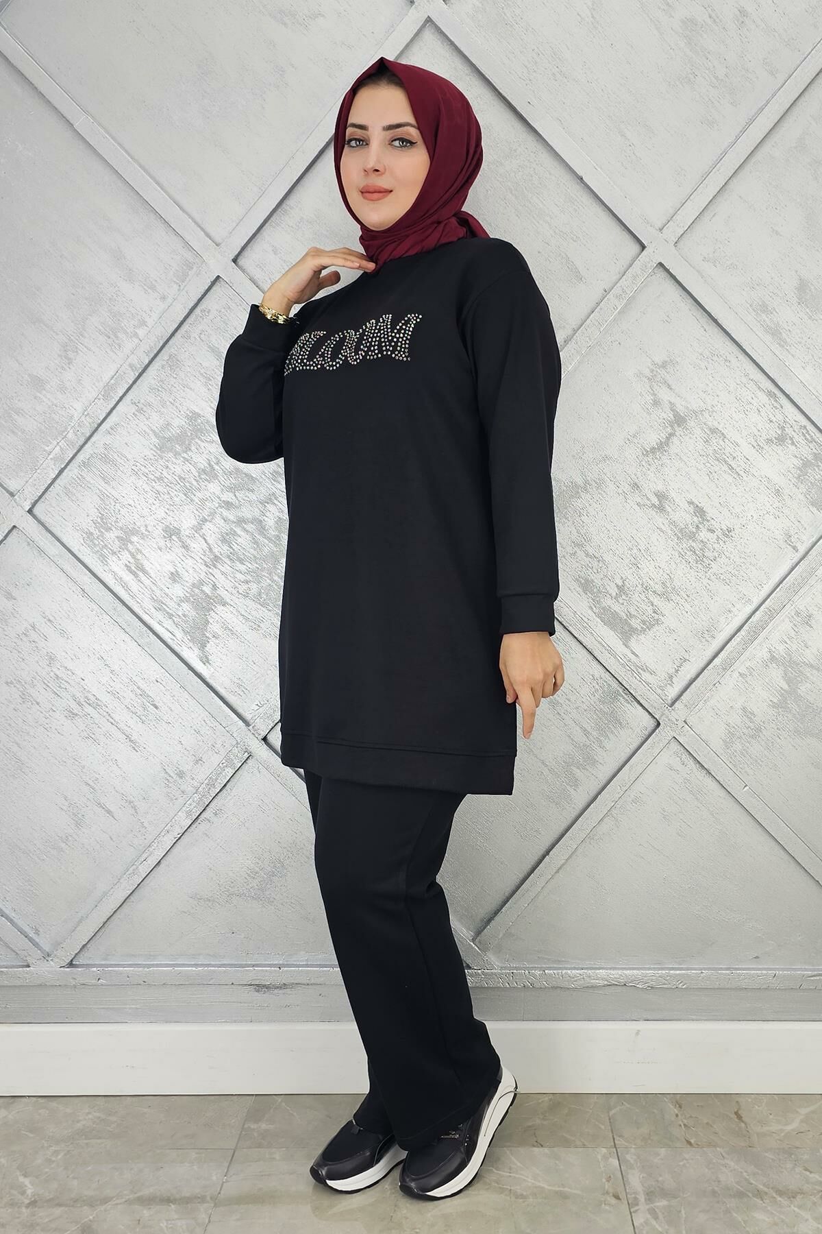 KADIN TAŞ BASKI DETAYLI TESETTÜR TAKIM SİYAH - 2XL