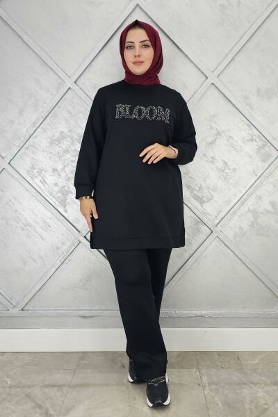 KADIN TAŞ BASKI DETAYLI TESETTÜR TAKIM SİYAH - 2XL