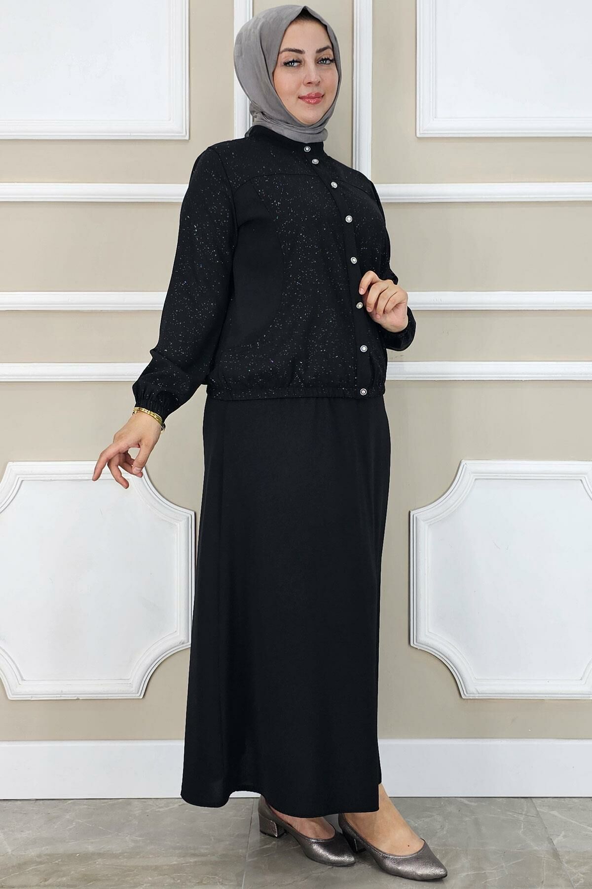 PYS KADIN YAY DESENLİ TESETTÜR TAKIM SİYAH - 2 BEDEN