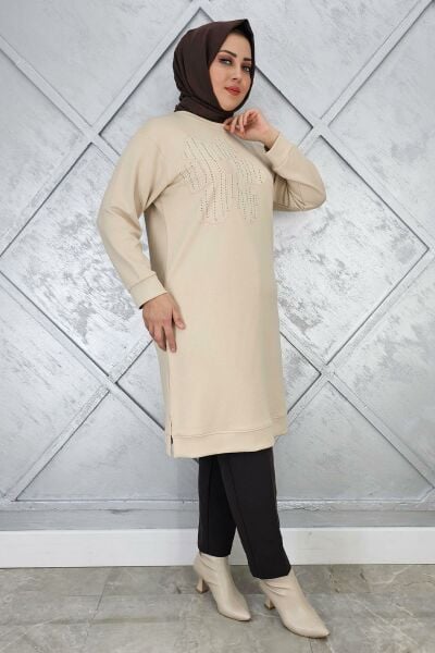KADIN BASKI DETAYLI TESETTÜR TUNİK BEJ - 2 BEDEN