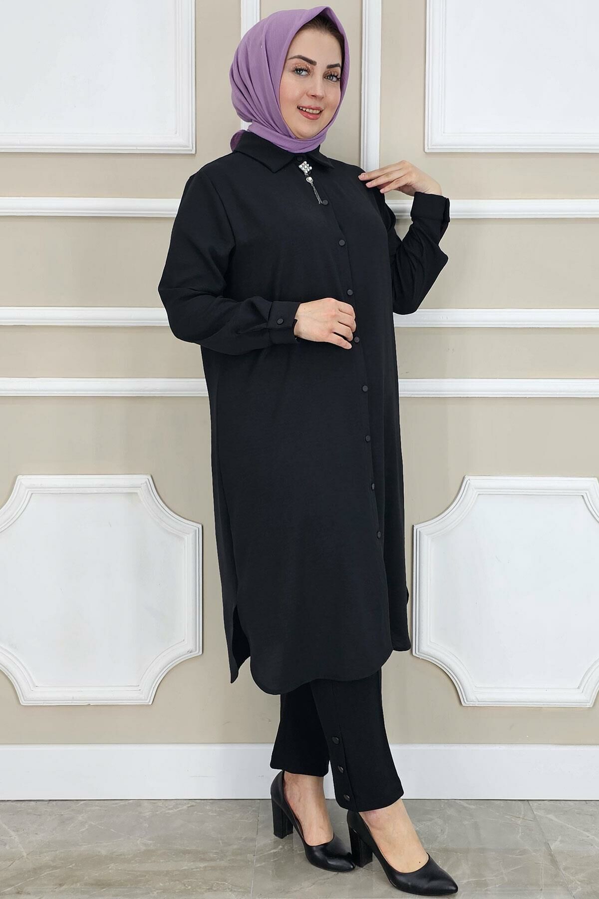 PYS KADIN BROŞLU TESETTÜR GÖMLEK SİYAH - 3 BEDEN