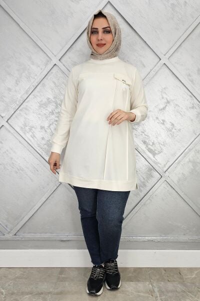 KADIN CEBİ TAŞ VE PÜSKÜL AKSESUAR DETAYLI TESETTÜR TUNİK EKRU - L