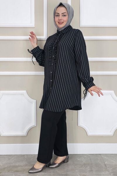 KADIN ÇİGİLİ FIRFIRLI GÖMLEK PANTOLON TESETTÜR TAKIM SİYAH - 2 BEDEN