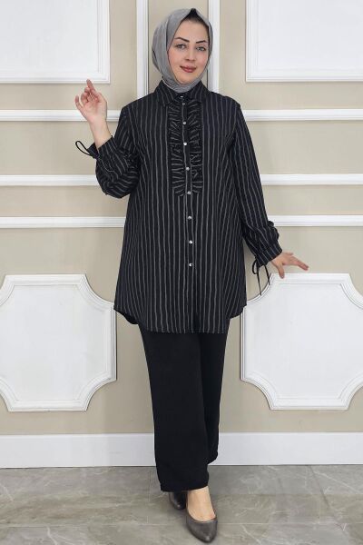 KADIN ÇİGİLİ FIRFIRLI GÖMLEK PANTOLON TESETTÜR TAKIM SİYAH - 2 BEDEN