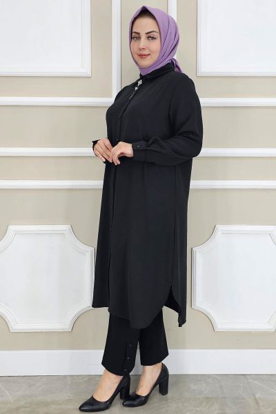 PYS KADIN BROŞLU TESETTÜR GÖMLEK SİYAH - 4 BEDEN