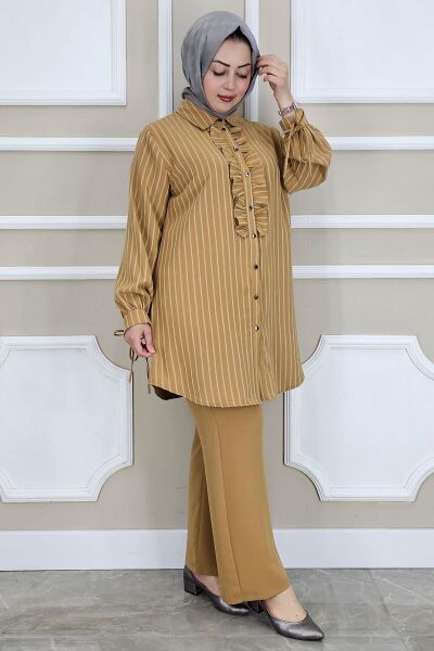KADIN ÇİGİLİ FIRFIRLI GÖMLEK PANTOLON TESETTÜR TAKIM CAMEL - 3 BEDEN