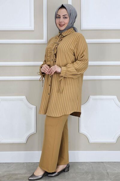 KADIN ÇİGİLİ FIRFIRLI GÖMLEK PANTOLON TESETTÜR TAKIM CAMEL - 3 BEDEN
