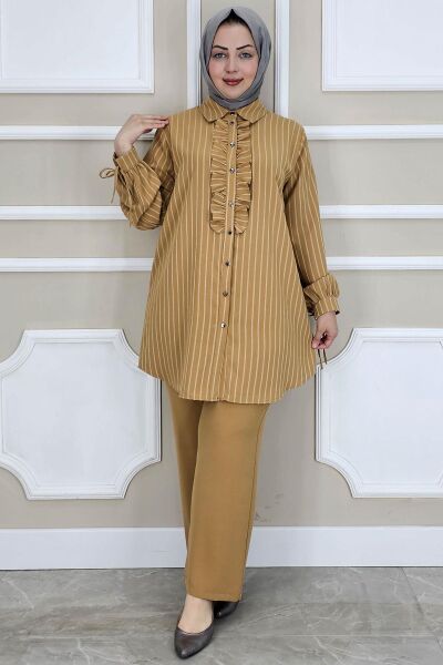KADIN ÇİGİLİ FIRFIRLI GÖMLEK PANTOLON TESETTÜR TAKIM CAMEL - 3 BEDEN