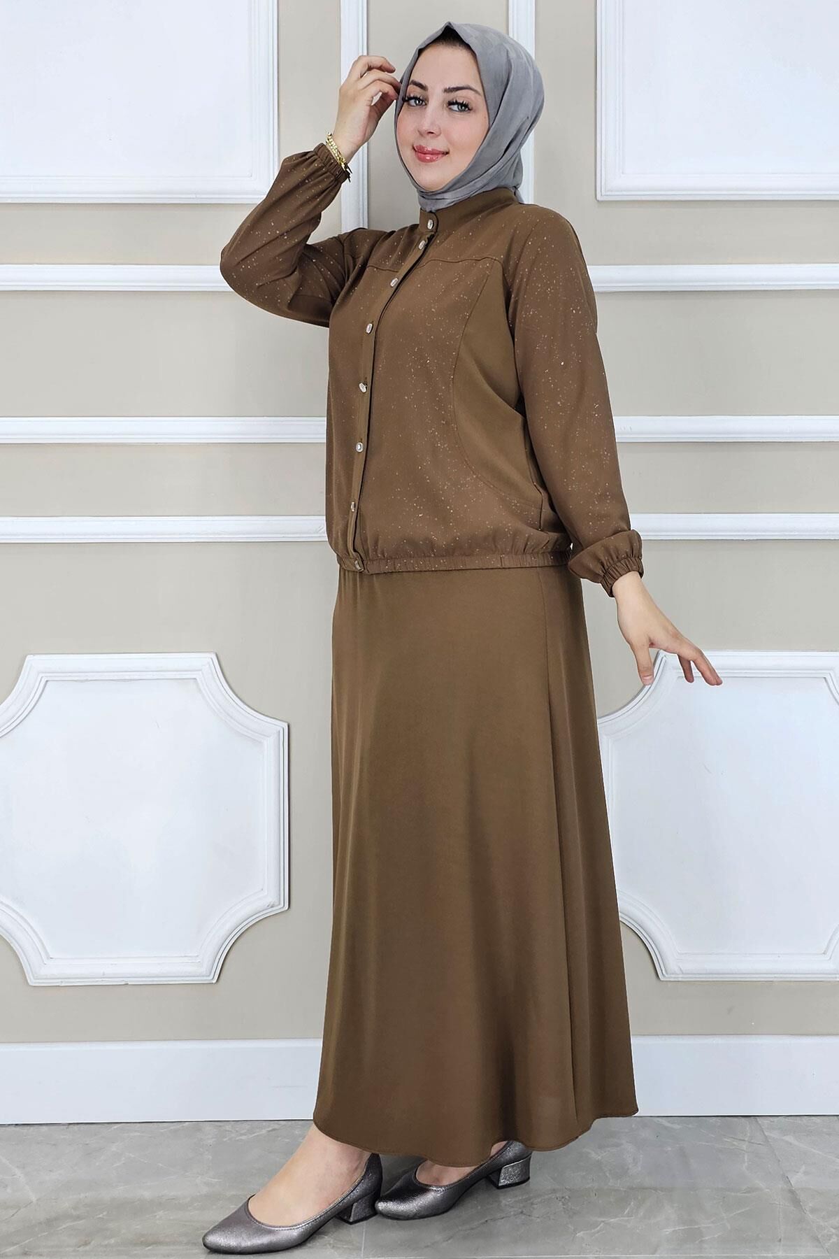 PYS KADIN YAY DESENLİ TESETTÜR TAKIM KAHVERENGİ - 2 BEDEN