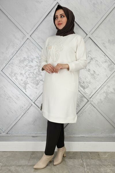 KADIN BASKI DETAYLI TESETTÜR TUNİK EKRU - 2 BEDEN