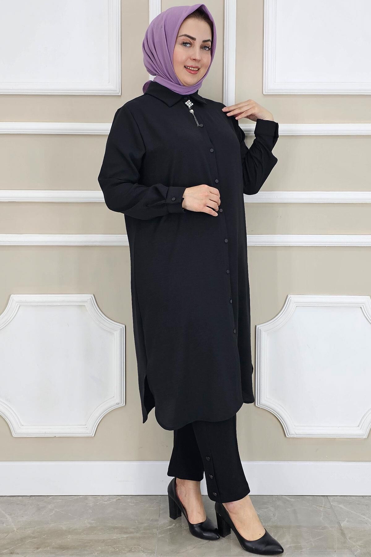 PYS KADIN BROŞLU TESETTÜR GÖMLEK SİYAH - 5 BEDEN