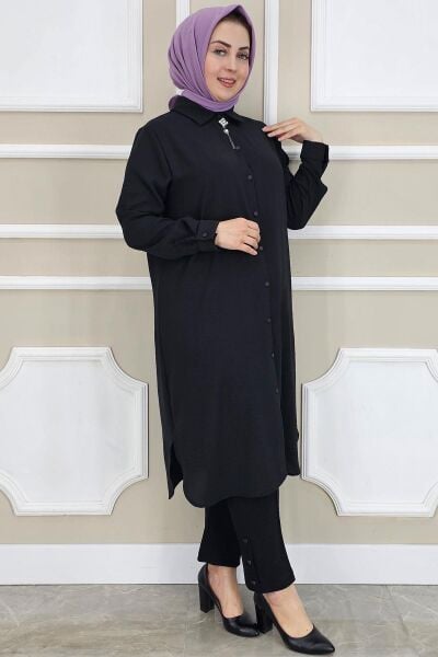 PYS KADIN BROŞLU TESETTÜR GÖMLEK SİYAH - 5 BEDEN