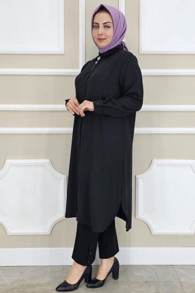 PYS KADIN BROŞLU TESETTÜR GÖMLEK SİYAH - 5 BEDEN